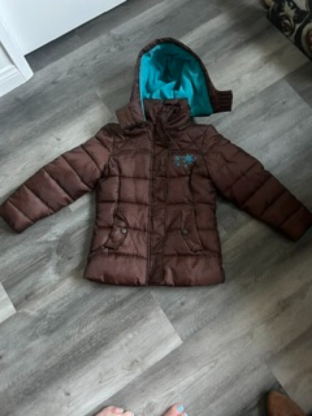 Athletech Girls Puffer Jacket M 7/8 Brown Turquoise Fleece Hooded